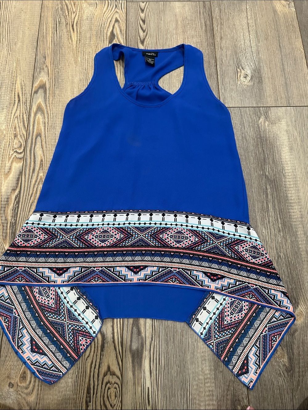 RUE 21- Royal Blue Racerback Tank with Geo-Print Hem- XS